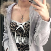 Voguable  Y2K Leopard Print Lace Ruffle Patchwork Camis Brown Coquette Aesthetic Slim-fit Bow Tank Tops Cute Fairycore Vest Cute